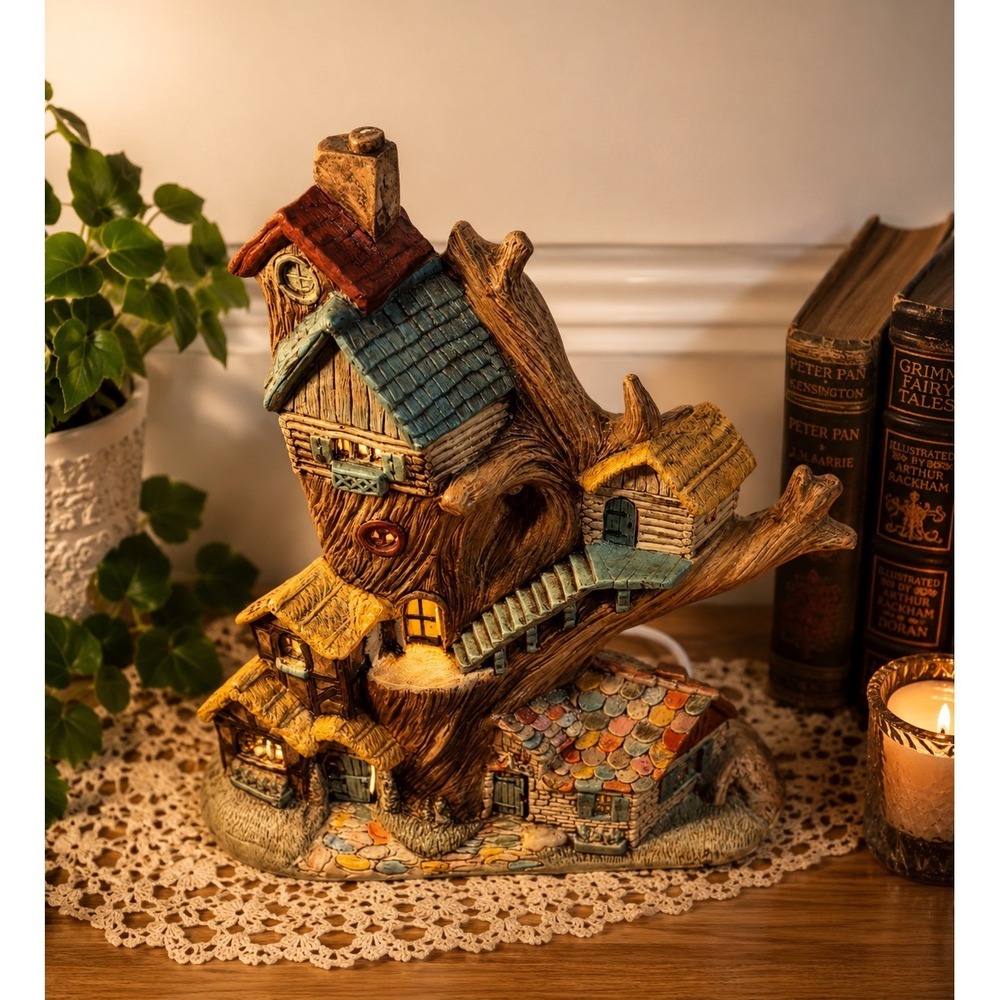 Enchanted Hobbit Fairy Tree Village 13.5" Tall Lamp Handmade Fantasy Art